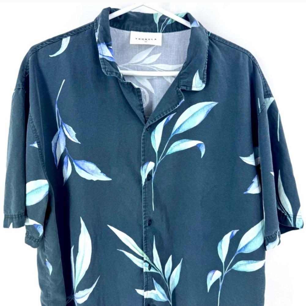 Young LA Tropical Blue Leaf Print Shirt